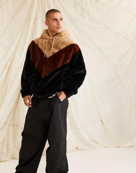 ASOS DESIGN oversized faux fur hoodie with brown colourblock