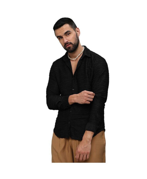 Men's Midnight Black Self-Design Wave Shirt