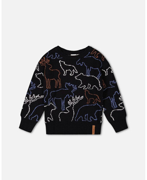 Big Boys Sweater With Intarsia Animal Forest Black