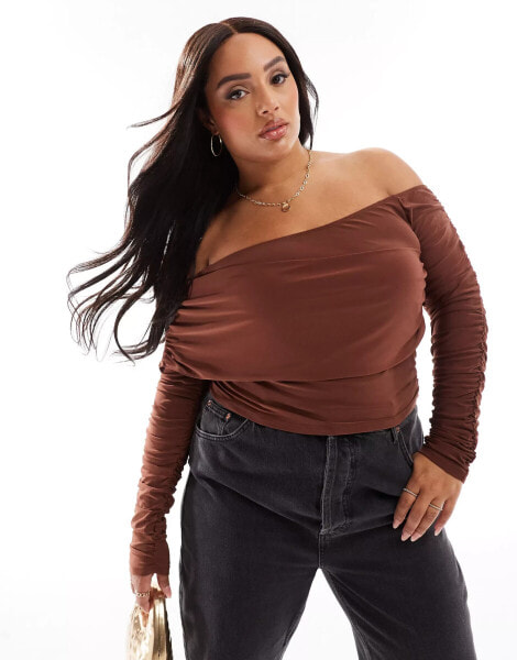 ASOS DESIGN Curve slinky asymmetric neck ruched sleeve top in chocolate