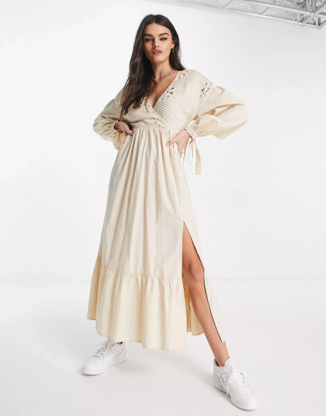 ASOS DESIGN cotton crochet pintuck maxi dress in vintage cream