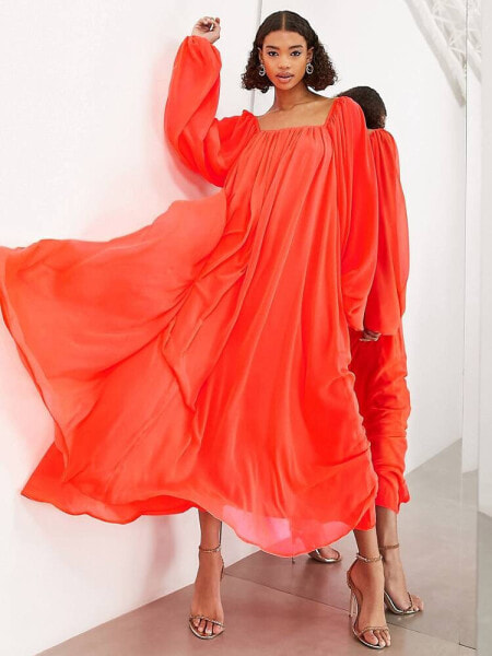 ASOS EDITION square neck chiffon maxi dress in neon coral