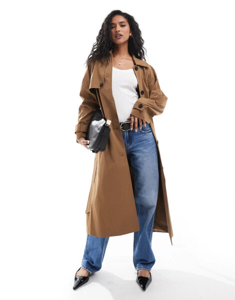 Vila tie waist trench coat with button front detail in deep camel