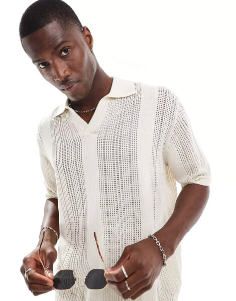 Berhska crochet stripe polo shirt in white