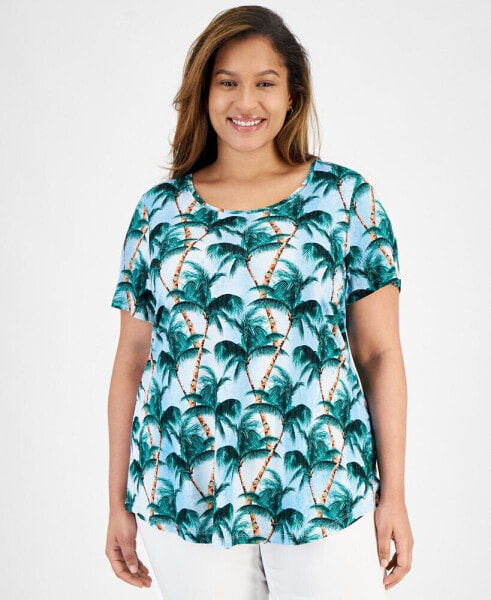 Plus Size Tropical Overlay Short-Sleeve Top, Created for Macy's