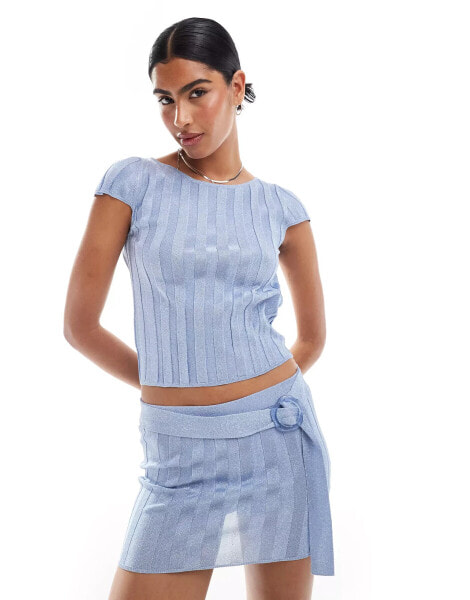 Mango lurex stripe low back co-ord t-shirt in blue