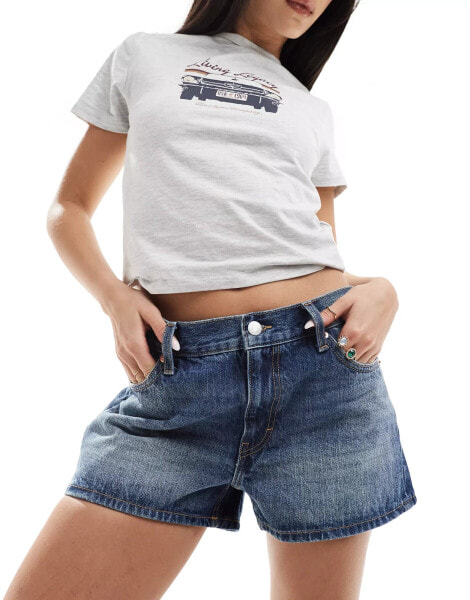 Weekday Duchess low waist baggy fit denim shorts in spinel blue