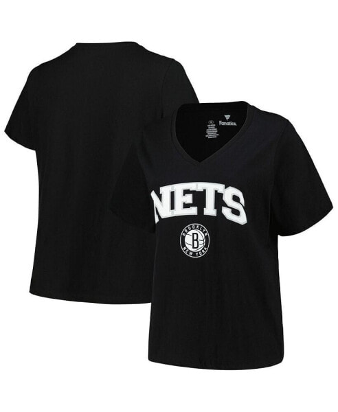 Women's Black Brooklyn Nets Plus Size Arch Over Logo V-Neck T-shirt