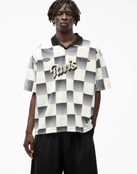 Pull&Bear paris checkered retro sports t-shirt in ecru