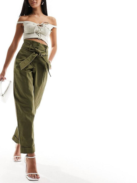 & Other Stories belted high waist straight leg trousers in dark khaki