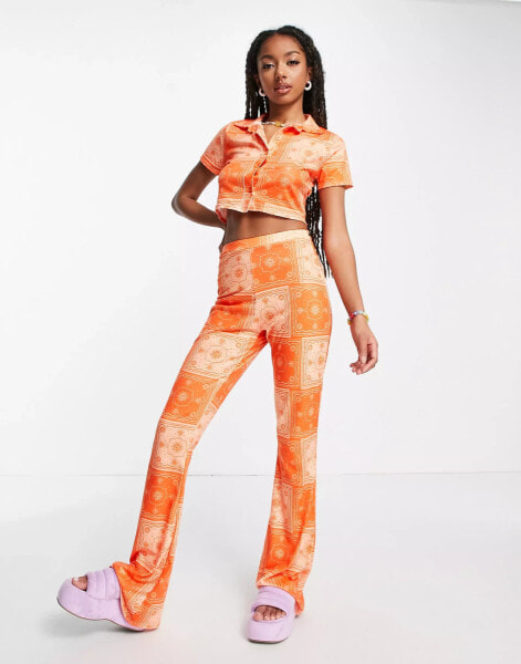 Daisy Street high waisted flare trousers in orange bandana co-ord