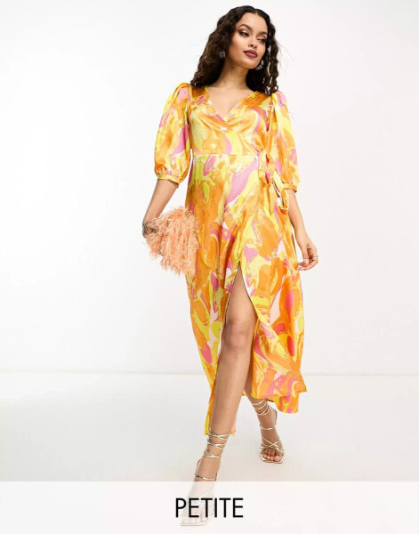 Vila Petite textured satin wrap midi dress in orange abstract print