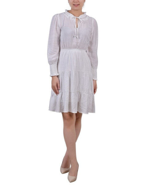 Petite Long Sleeve Tiered Dress with Ruffled Neck