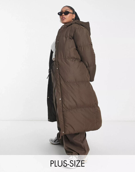 Threadbare Plus Jodie maxi puffer coat with hood in chocolate brown