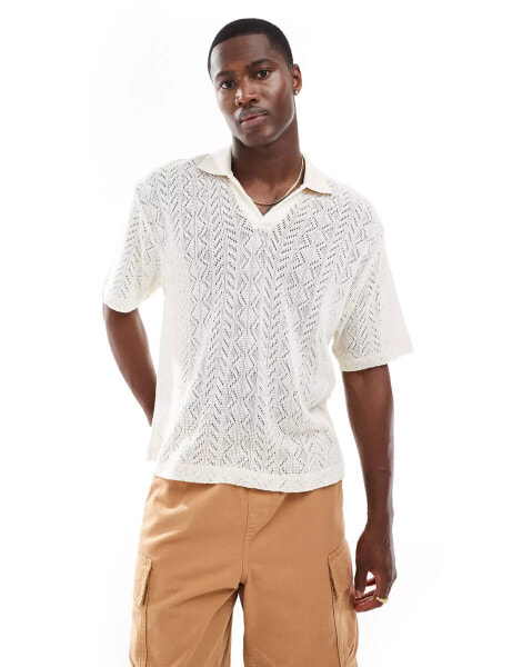 ASOS DESIGN relaxed polo shirt with cable knit design in beige