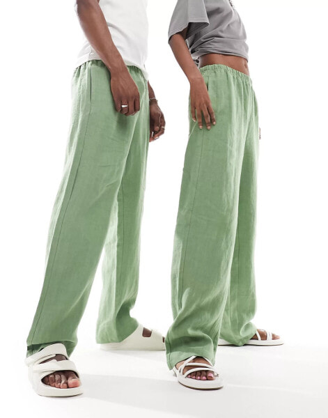 Weekday Unisex Seth linen trousers in green exclusive to ASOS