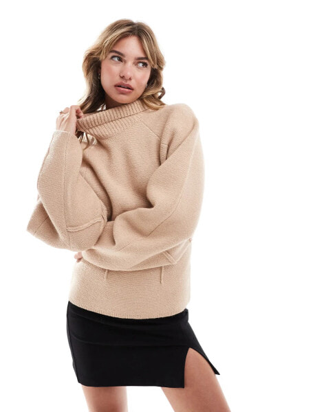 ASOS DESIGN funnel neck jumper with structured sleeve detail in camel