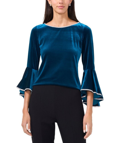 Women's Embellished Velvet Ruffled Bell-Sleeve Top