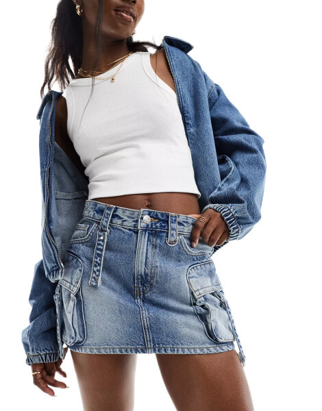 Bershka cargo denim mini skirt in mid blue