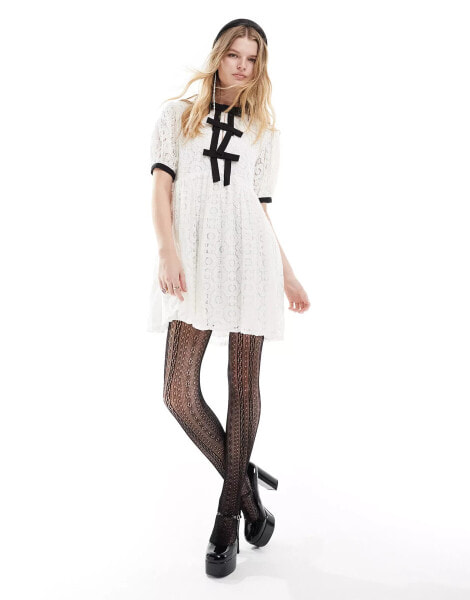 Sister Jane contrast bow lace mini dress in porcelain