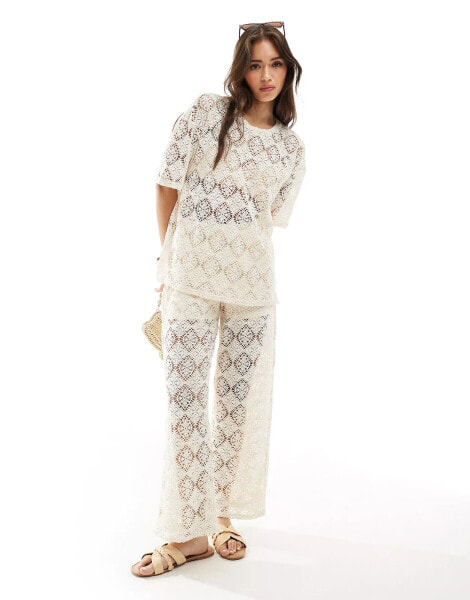 JDY crochet wide leg trouser co-ord with short inscert in stone