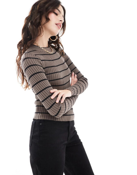 Pieces chunky ribbed knit long sleeve top in brown stripe