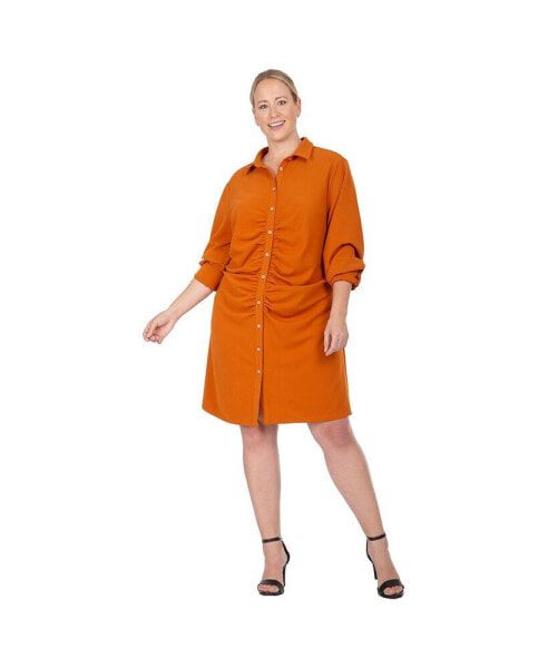 Plus Size Ruched Front Buttoned Down Mini Shirt Dress