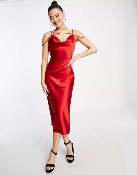 Rare London satin midi dress with strap details in red