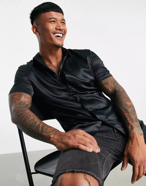 ASOS DESIGN skinny satin shirt in black