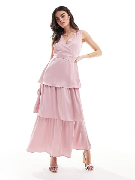 Vila Bridesmaid satin tiered maxi dress with tie belt in light pink