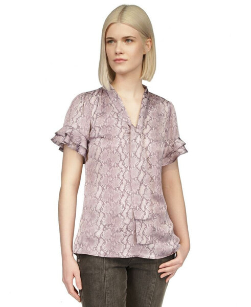 MICHAEL Women's Snake-Print Tie-Neck Top