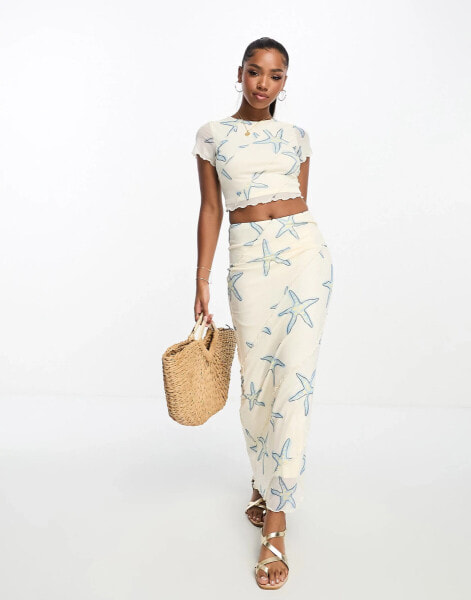 Bailey Rose lettuce hem crop top in cream starfish print co-ord