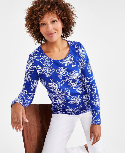 Petite Iris Dreams Scoop-Neck Long-Sleeve Top, Created for Macy's