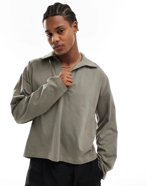 ASOS DESIGN oversized boxy long sleeve polo with deep v neck in khaki