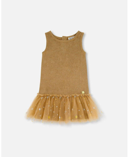 Little Girls Bi-Material Sleeveless Dress With Frill Golden Brown - Toddler|Child