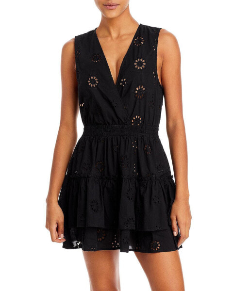 Aqua Swim 299793 Women Eyelet Tiered Cover-Up Dress Swimwear Black Size SM