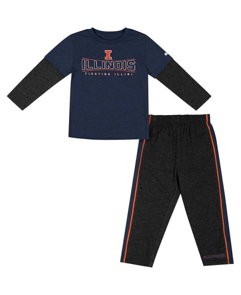 Toddler Boys and Girls Navy, Black Illinois Fighting Illini Long Sleeve T-shirt and Pants Set