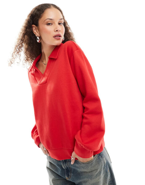 Noisy May oversized split neck polo in red