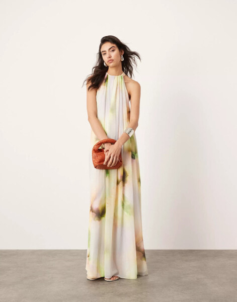 ASOS EDITION chiffon halterneck trapeze maxi dress in watercolour print