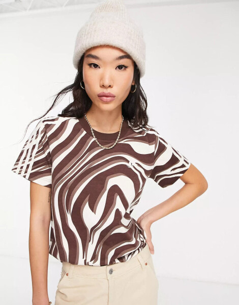 adidas Originals – Animal Abstract – T-Shirt mit den drei Streifen und Zebramuster in Braun und Beige