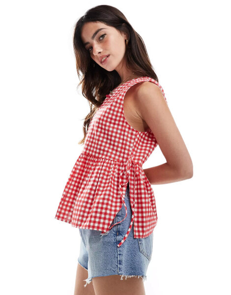 ASOS DESIGN tie side slash neck swing top in red gingham