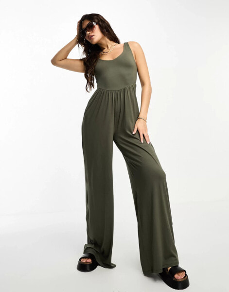 ASOS DESIGN drop waist soft touch jumpsuit in khaki