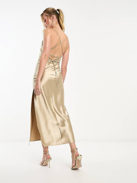 Miss Selfridge metallic satin lace back maxi dress in gold