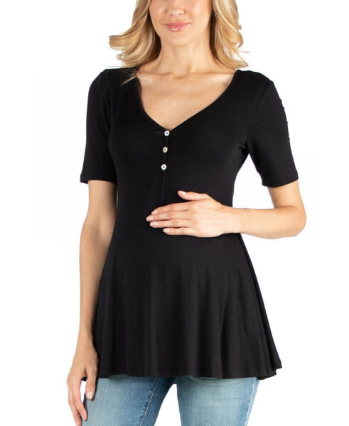 Quarter Sleeve Maternity Tunic Top with Button Detail