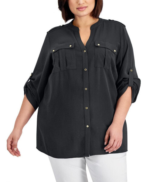 Plus Size Textured Roll Tab Button Down Shirt