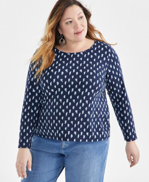 Plus Size Printed Scoop-Neck Long-Sleeve Top, Created for Macy's