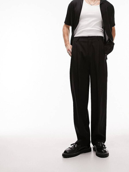 Topman smart wide leg with pleat trousers in black