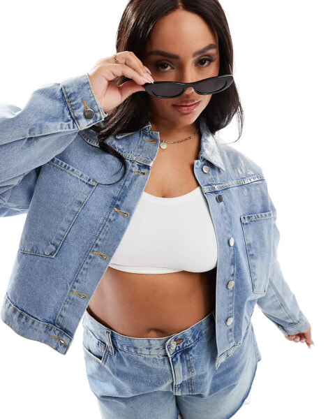 In The Style Plus silver foil detail crop denim jacket in light blue