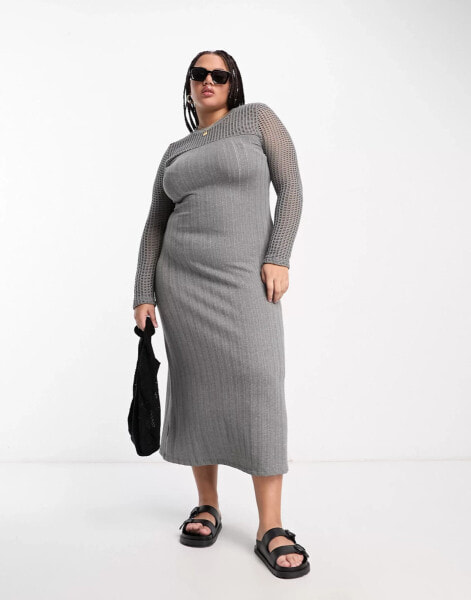 ASOS DESIGN Curve ribbed long sleeve midi dress with crochet insert in grey