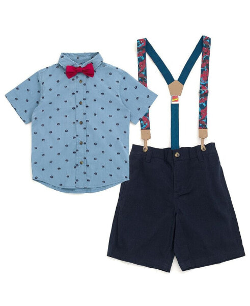 Baby Boys Spider-Man Button Down Shirt Twill Pants Suspenders and Bow-Tie 4 Piece Outfit Set to